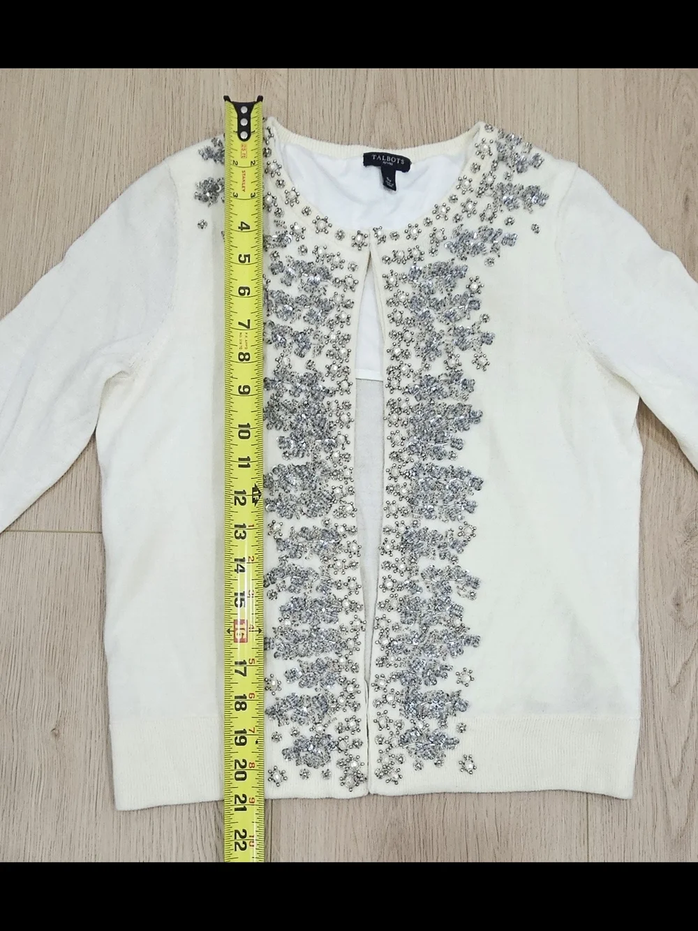 Talbots Petites SP Ivory Beaded Pearl Sequin Embellished Cardigan Lambswool